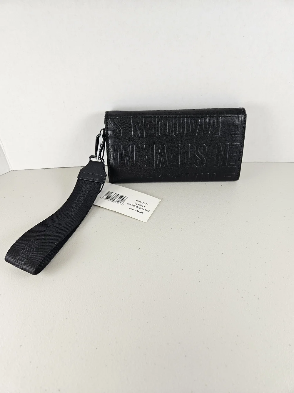 NWT Steve Madden Black Logo-Embossed Wristlet Wallet With Strap